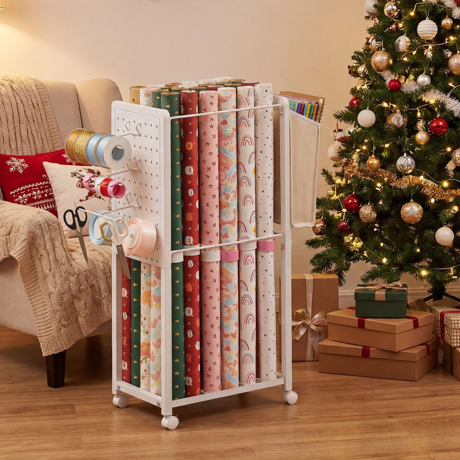 Geschenkpapier-Aufbewahrungs-Organizer-Wagen mit 15 Slap-Bändern, Roll-Geschenkpapier-Wagen für Geschenkpapier, Bandhalter, Bastelbedarf, Bauzeichnungen
