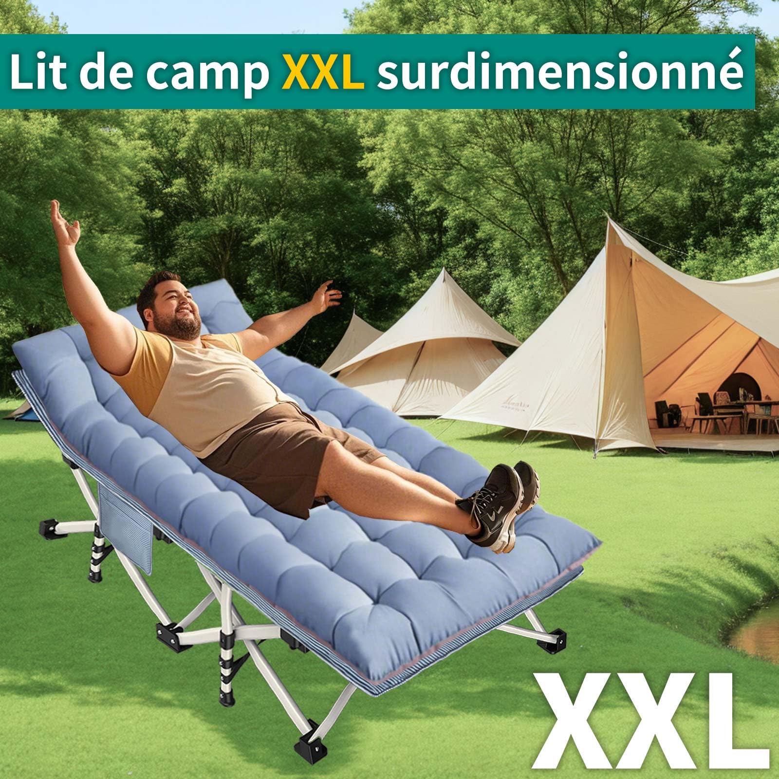 Lit de Camp Pliable XXL Extra Large 81 cm avec Matelas, pour Adultes, capacité de Charge 250 kg, avec Poche latérale, Chaise de Camping Portable, extérieur, Voyage, Jardin, intérieur