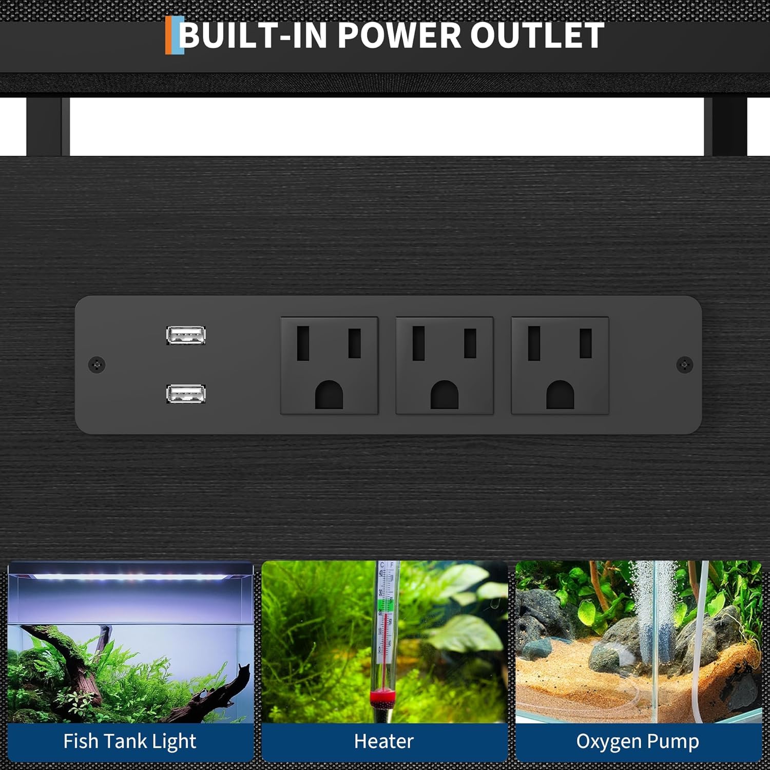 Sturdy Power Outlets Aquarium Stand – 4-Tier Heavy Duty Metal & Wood Shelving with Drawers, Ideal for 20-37 Gallon Fish Tanks, Reptile or Turtle Terrariums – Black