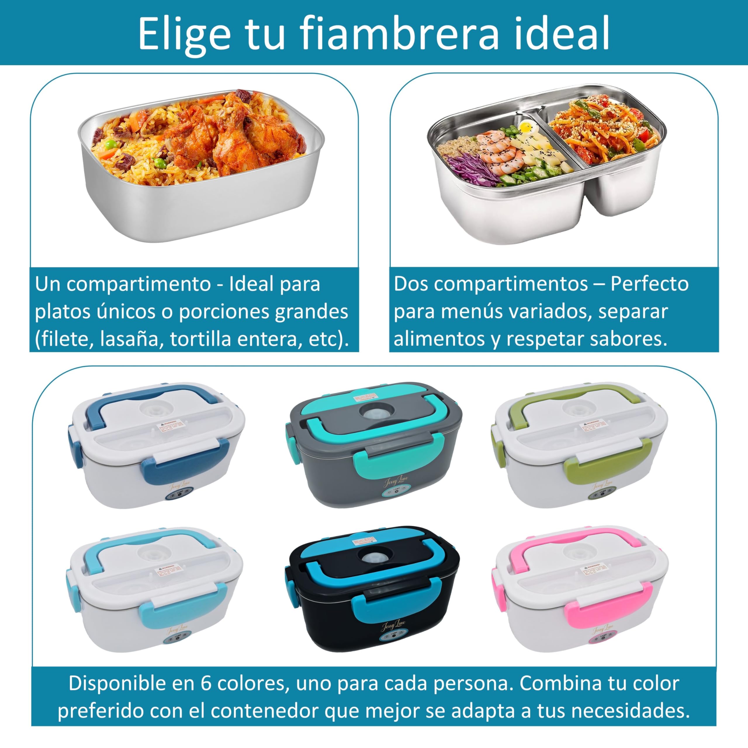 Fiambrera eléctrica portátil profesional elegante 80W 12V/24V/220V Multifunción coche camión oficina Calienta comida rápido Taper Contenedor dividido Acero inoxidable 1,5L Negra azul-claro