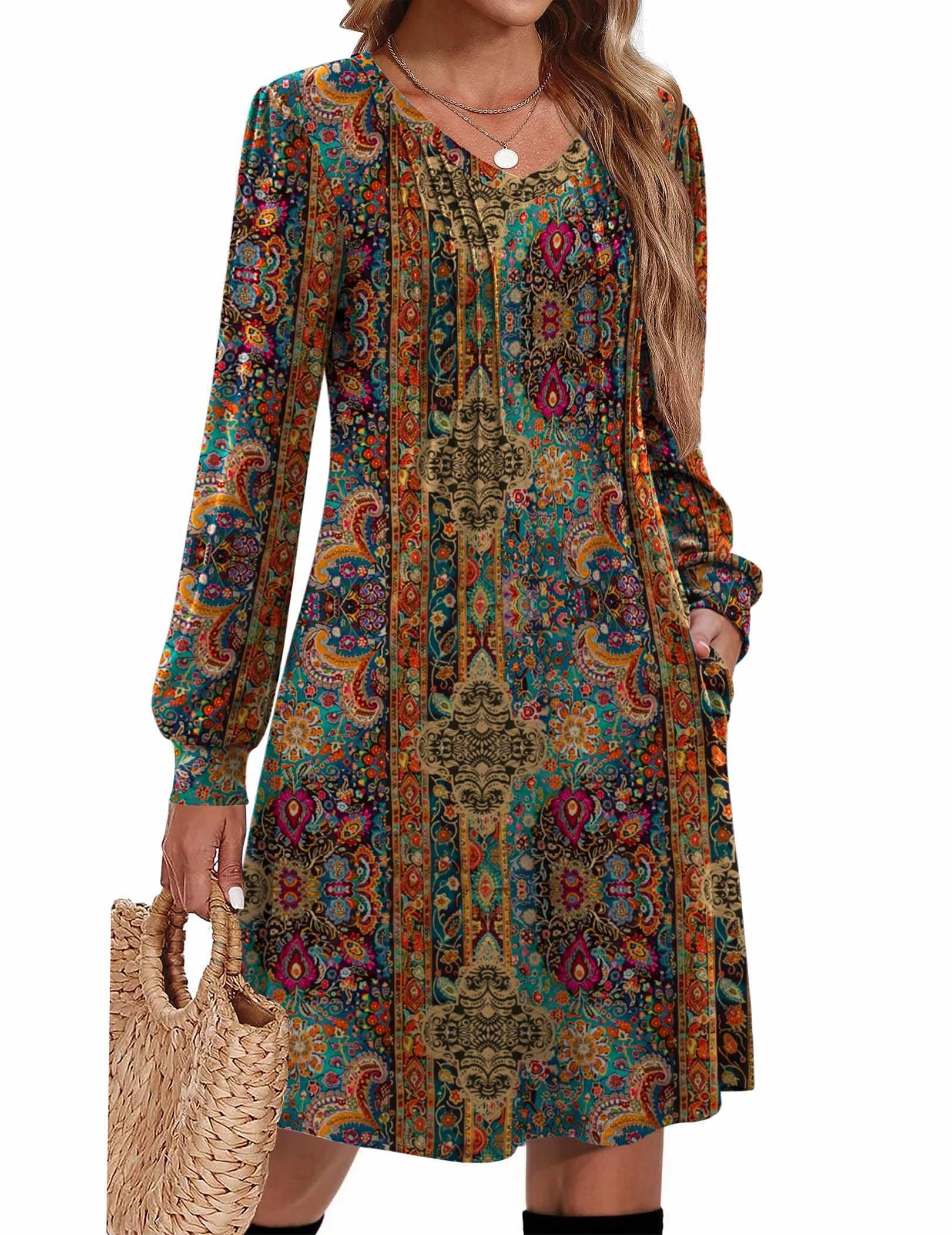 Zeagoo Fall Dresses for Women Long Sleeve Casual Pleated V Neck Dress 2025 A Line Tunic Dress