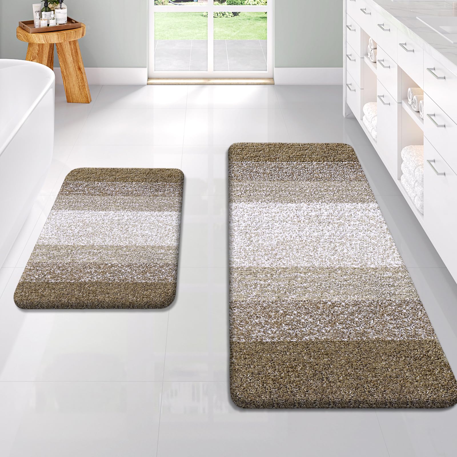 OLANLY Bathroom Rug Set 2 Piece, Soft Absorbent Microfiber Bath Rug Set, Non-Slip, Machine Wash Dry, Plush Shaggy Bath Mats for Bathroom (47"x20"+24"x16", Coffe) — image 1