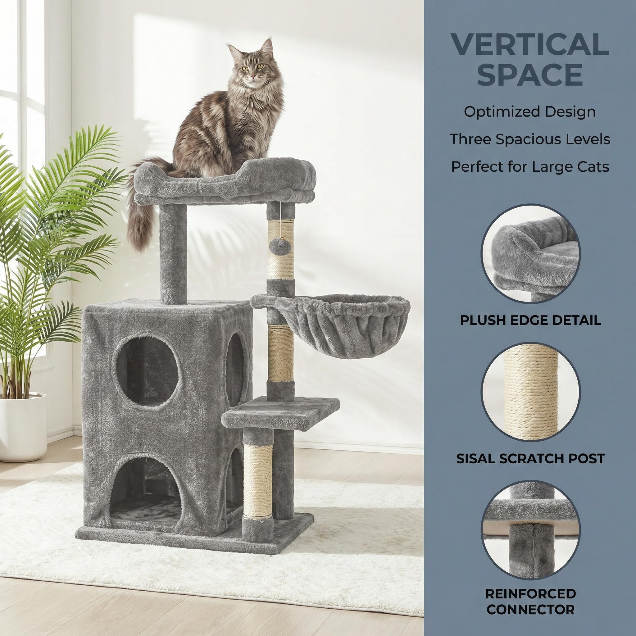 Fansafurn Torre de árbol para Gatos de Interior, casa de árbol para Gatos Adultos Grandes de 36 Pulgadas con escalones, Poste rascador, 2 condominios para Gatos, Juguetes Colgantes, Gris Claro