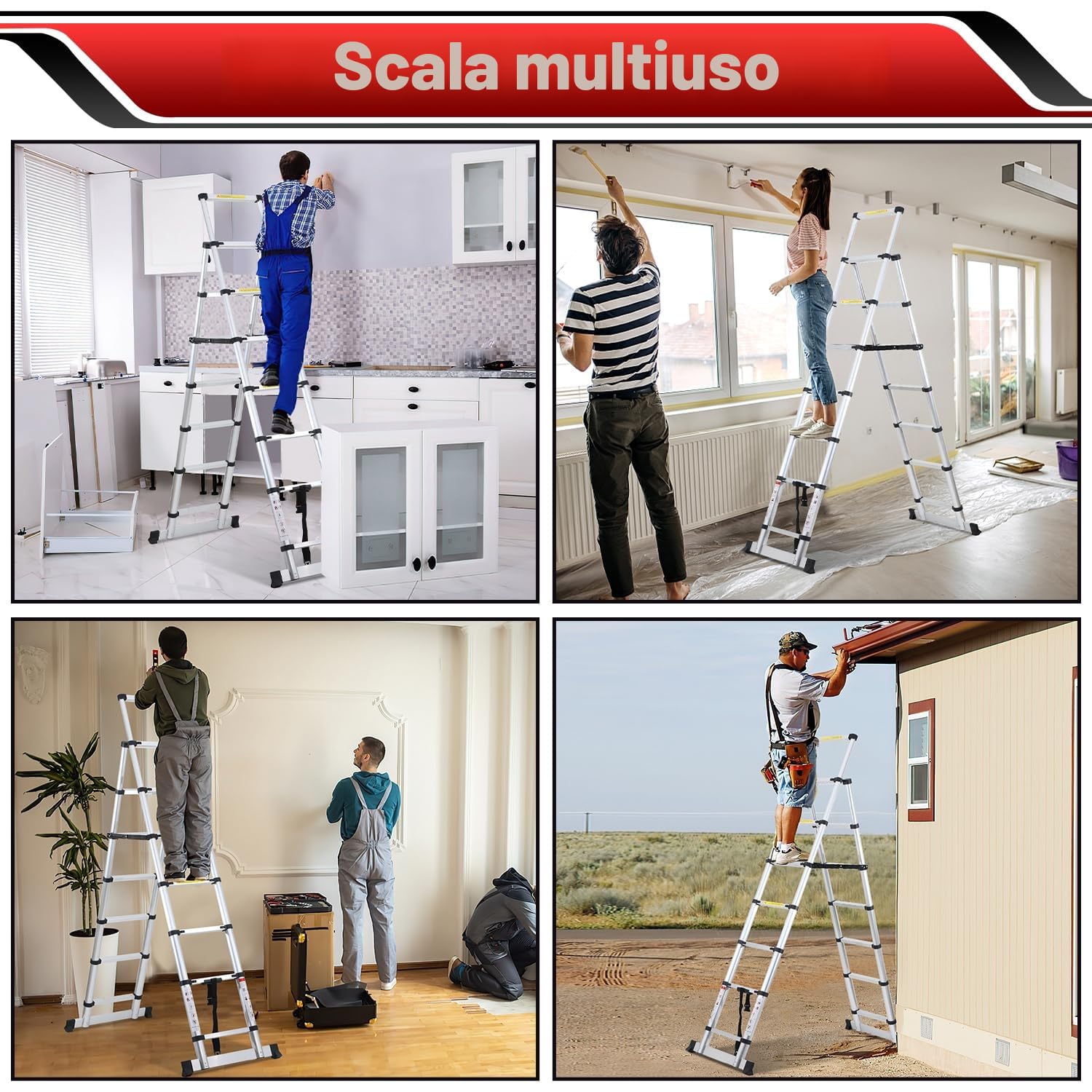 Lospitch - Scala telescopica pieghevole, 2 + 2,3 m, in alluminio, antiscivolo, multiuso, allungabile, telaio ad A, 6+7 pioli, portata 150 kg