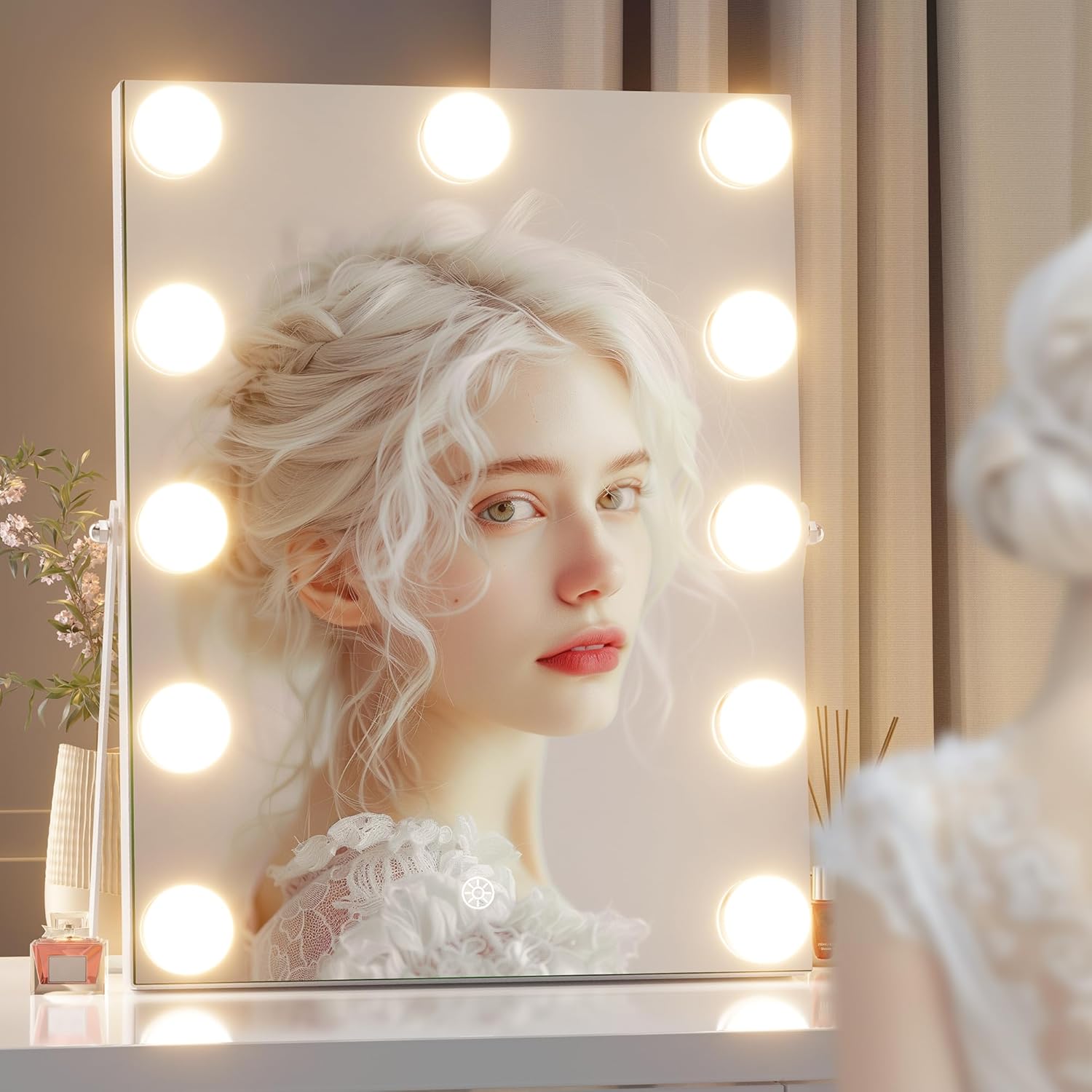 Hasipu Vanity Mirror with Lights - 11" x14”Hollywood Makeup Mirror with 11 Dimmable LED Bulbs, 10X Magnification, 3 Color Modes, Touch Control & USB Port, 360° Rotation