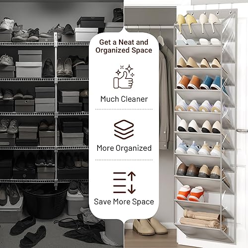 Miniatura 6 de SLEEPING LAMB Organizador de zapatos de 10 niveles sobre la puerta con bolsillos profundos transparentes, zapatero colgante para almacenamiento en