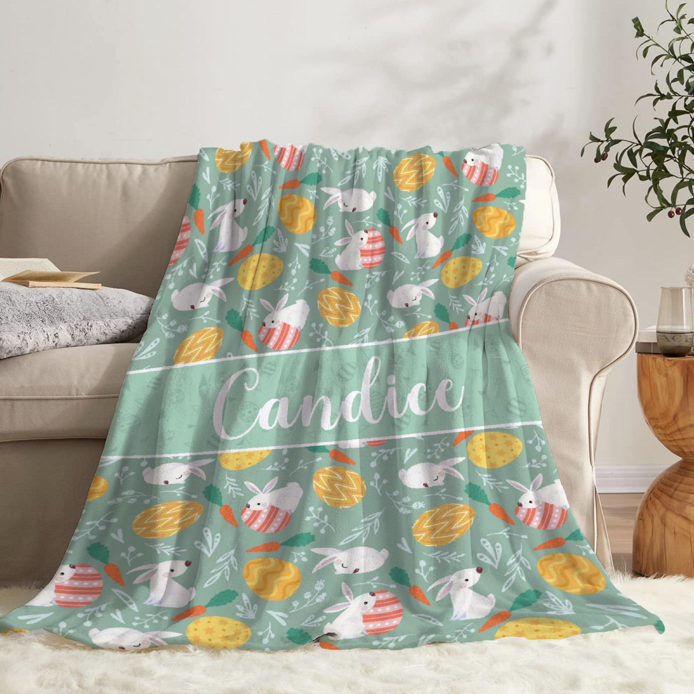 SUPERICH Personalized Easter Bunnies Eggs Blanket Gifts Easter Bunnies Eggs Print Custom Blanket with Name Super Soft Fleece Throw Blankets Air Conditioning Blanket for Couch Bed 50x40 in for Kid