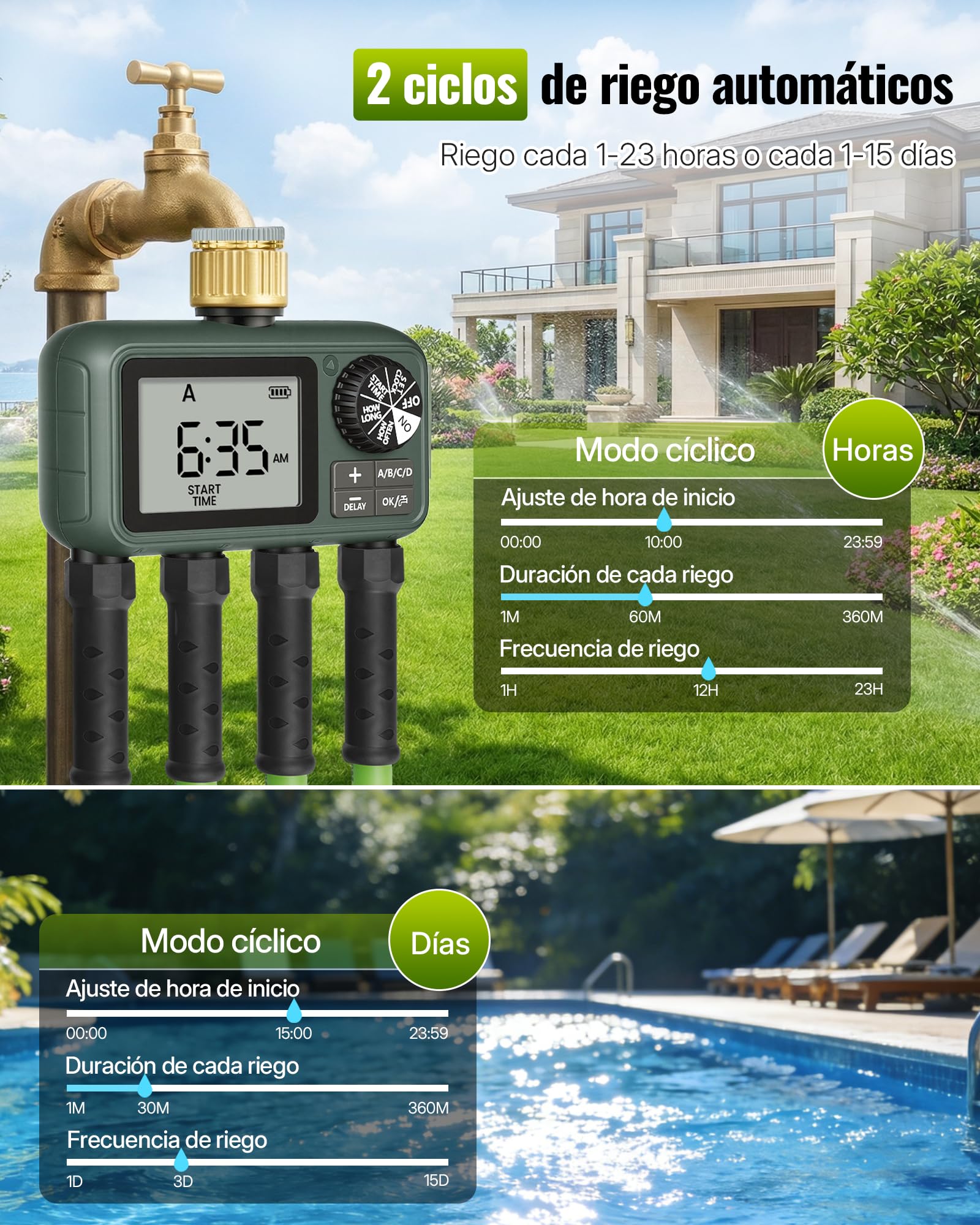 Programador de Riego de 4 Válvulas, Ordenador de Riego Automático, Temporizador para Grifo de Manguera de Jardín, Función de Retraso por Lluvia, Patio y Césped, Verde Oscuro
