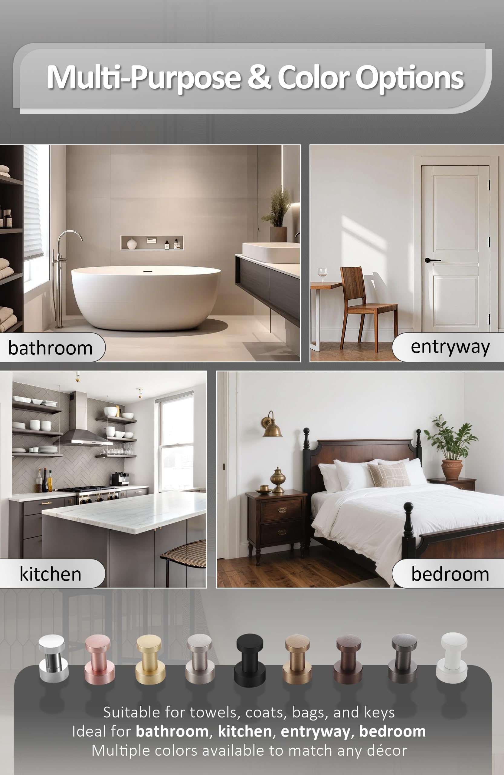 BGL Ganchos para abrigos montados en la pared, ganchos adhesivos resistentes, ganchos de pared negros, gancho para toallas para baño, cocina, puerta, armario, armario, latón, 5 paquetes