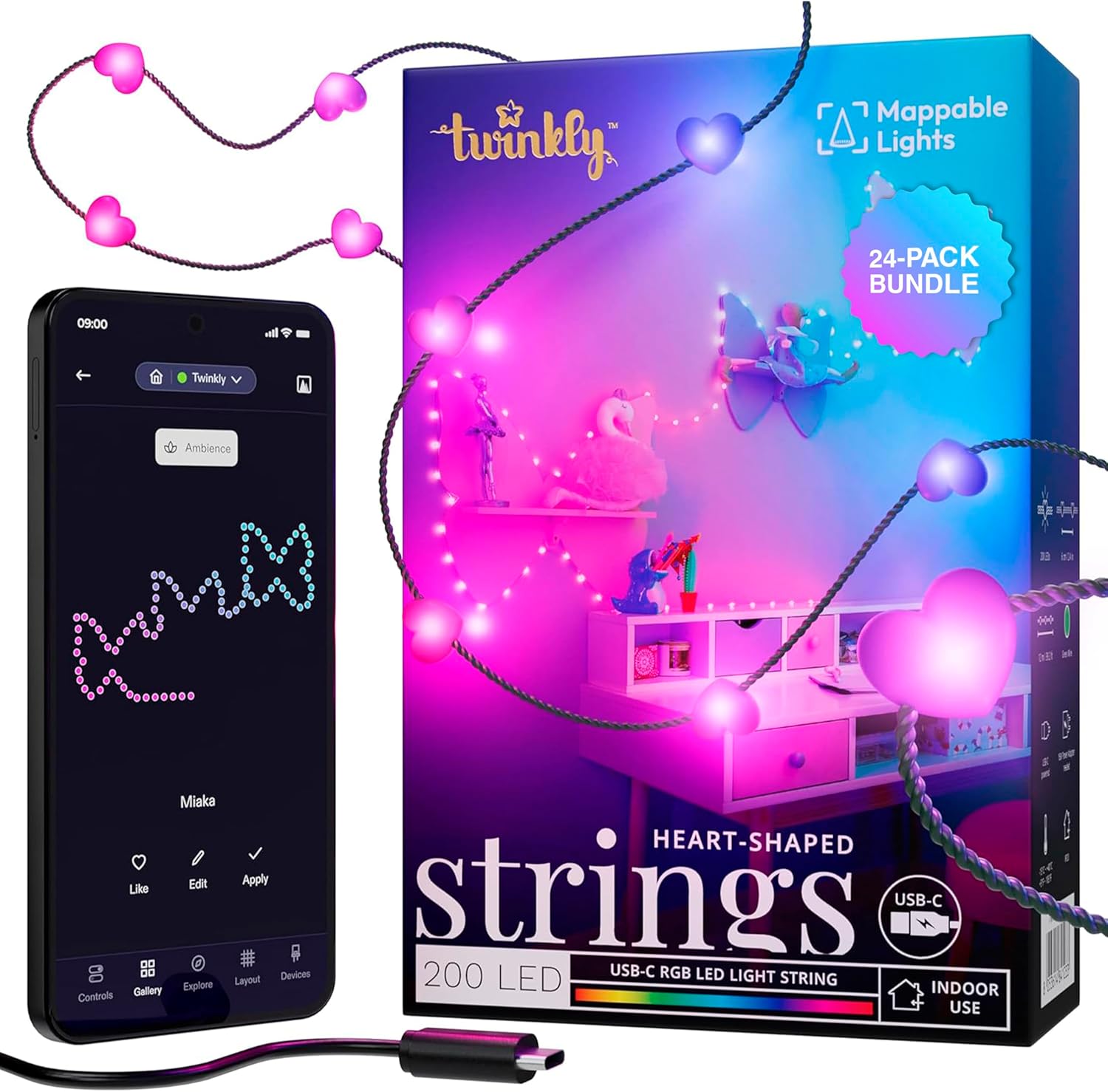 Stringig Block Amazon.com: TWKH200RGB-G (2pk): 200 Heart LED String, 39.4ft, RGB, USB ...