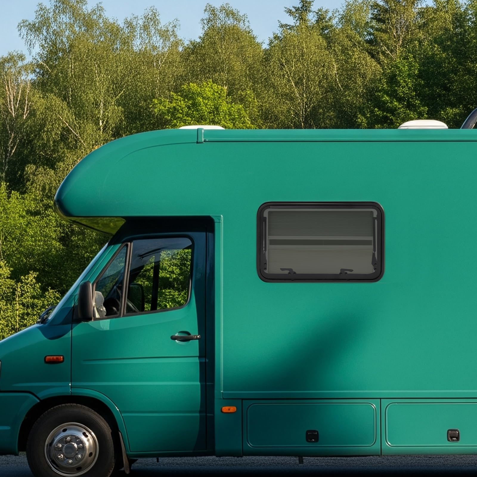 Finestra Camping Car 800 x 500 mm, Finestra basculante per Caravan con zanzariera e tenda incorporata, vetro temperato tinto, apertura 85°, baia laterale per Van Fourgon paesaggistico