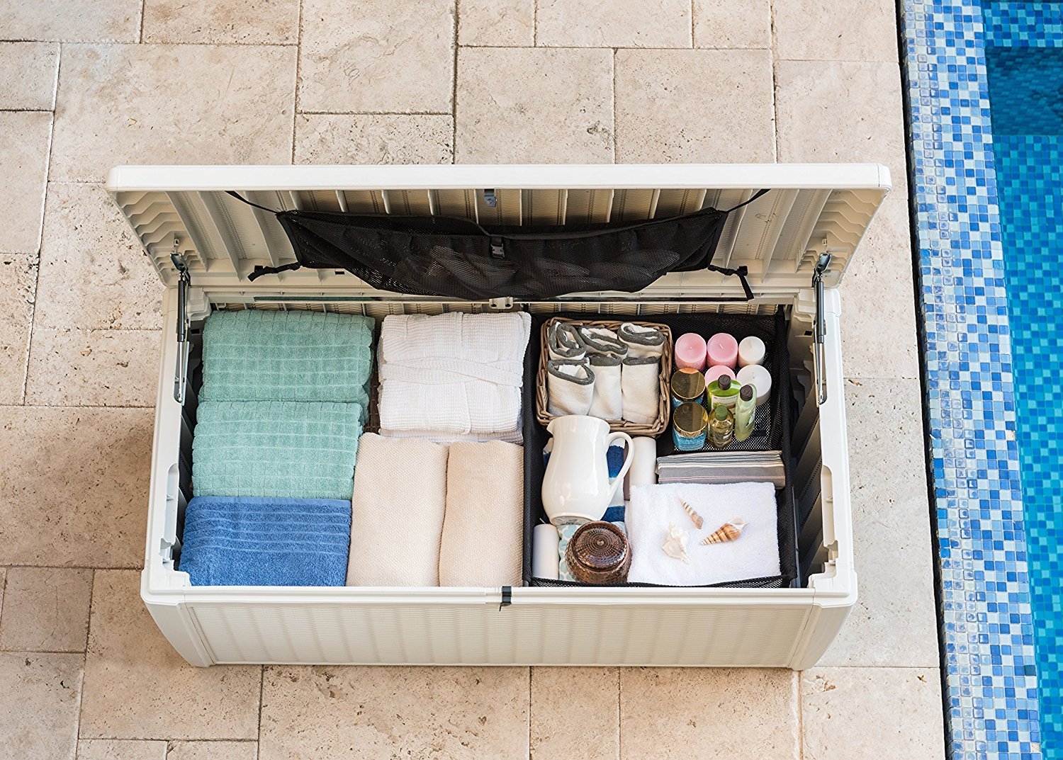 Koll Living Auflagenbox/Kissenbox 511 Liter l 100% Wasserdicht l mit Belüftung dadurch kein übler Geruch/Schimmel l Moderne Rattanoptik l l Deckel belastbar bis 200 KG (2 Personen) - Poolbox