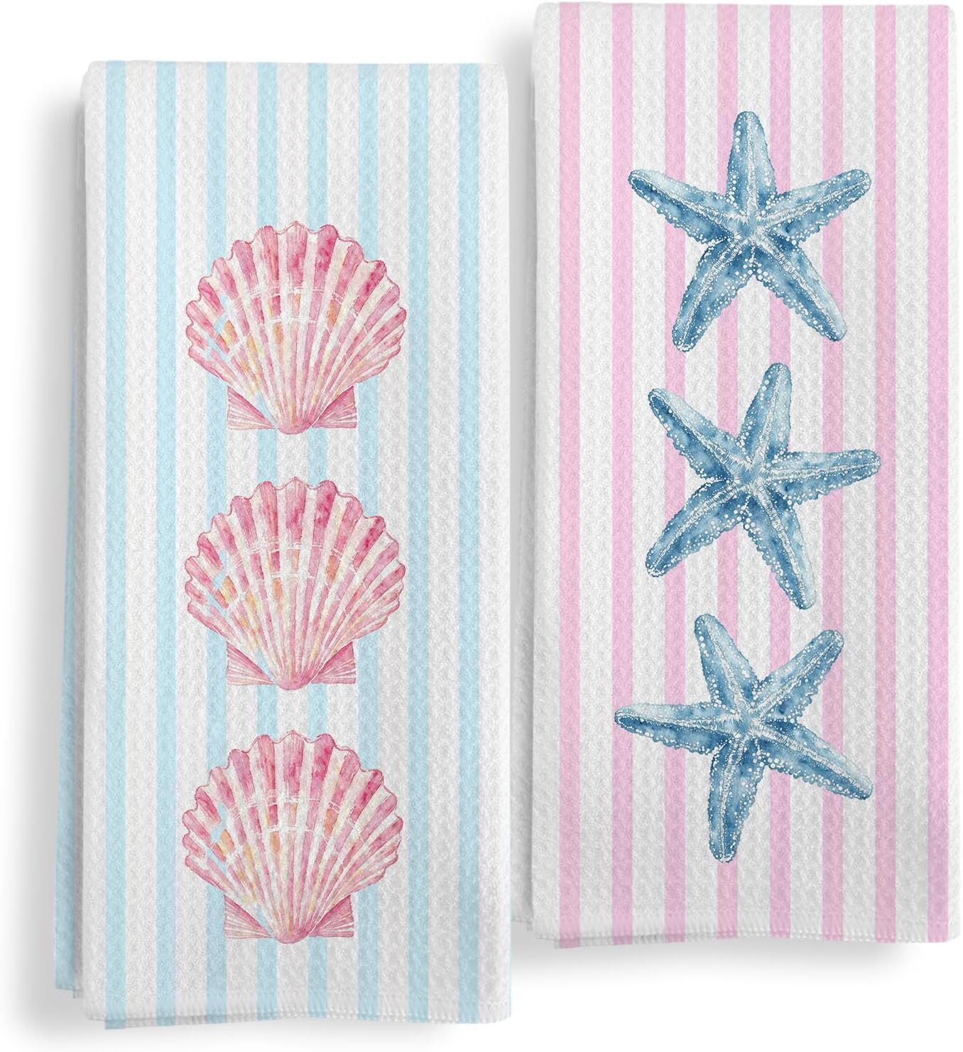 Pink and Blue Coastal Beach Shell Starfish Kitchen Towels Set of 2, Preppy Beach Decor Dish Tea Towels, Ocean Beachy Striped Decorative Hand Towel for Bathroom Kitchen Decor, 16X24In