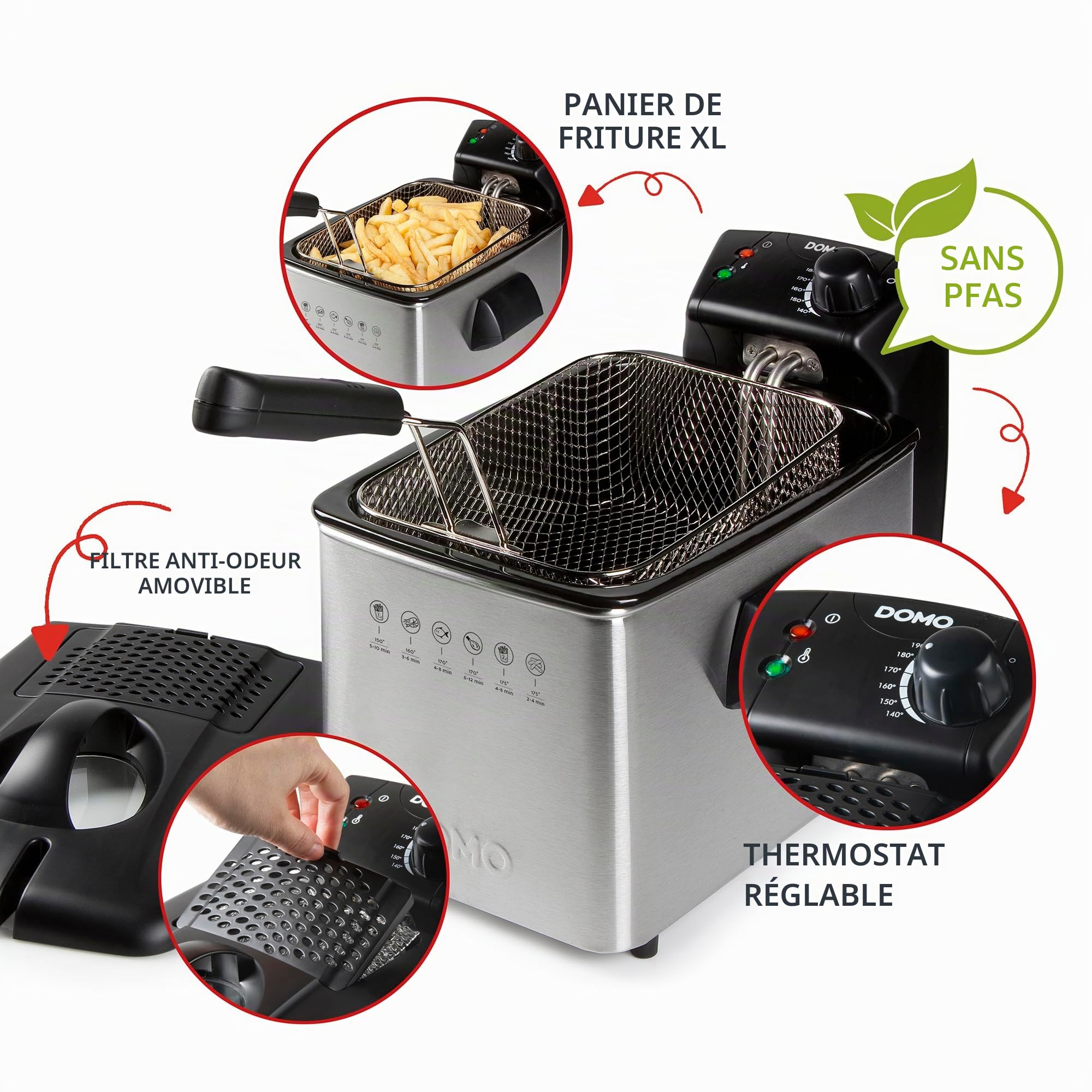 DOMO DO465FR Friteuse à huile – 4L – 3000W – Sans PFAS – Hublot et filtre anti-odeurs – Zone froide – Friteuse familiale en acier inoxydable
