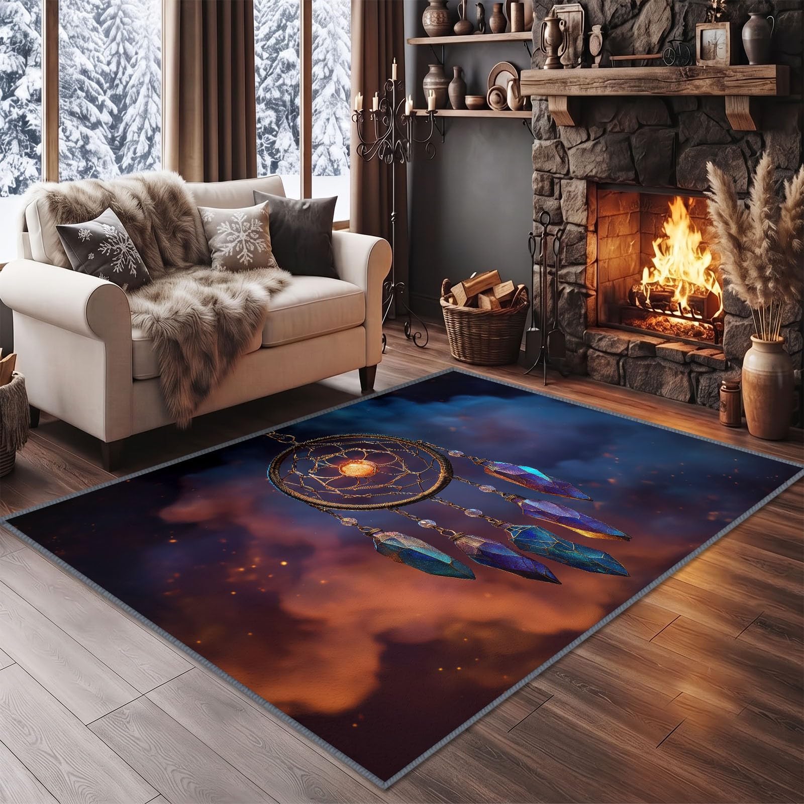 Weicher Kurzflor Fantasy Sternenhimmel Teppich 120x170 cm, Sci-Fi Universum Boho Traumfänger Waschbarer Rutschfester Teppiche - Kuschelig Blauschwarz Teppich für Schlafzimmer Bettvorleger Flur