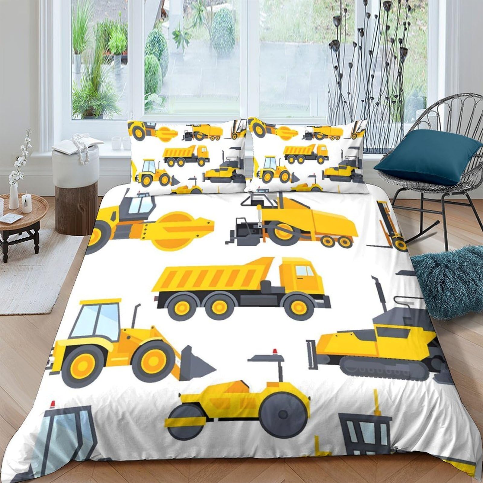 TUFRTGYHN 3D Printed Construction Vehicles Duvet Cover Microfiber Soft Yellow Trucks Quilt Cover Set with 2 Pillowcases for Bedroom Decor Single（135x200cm）