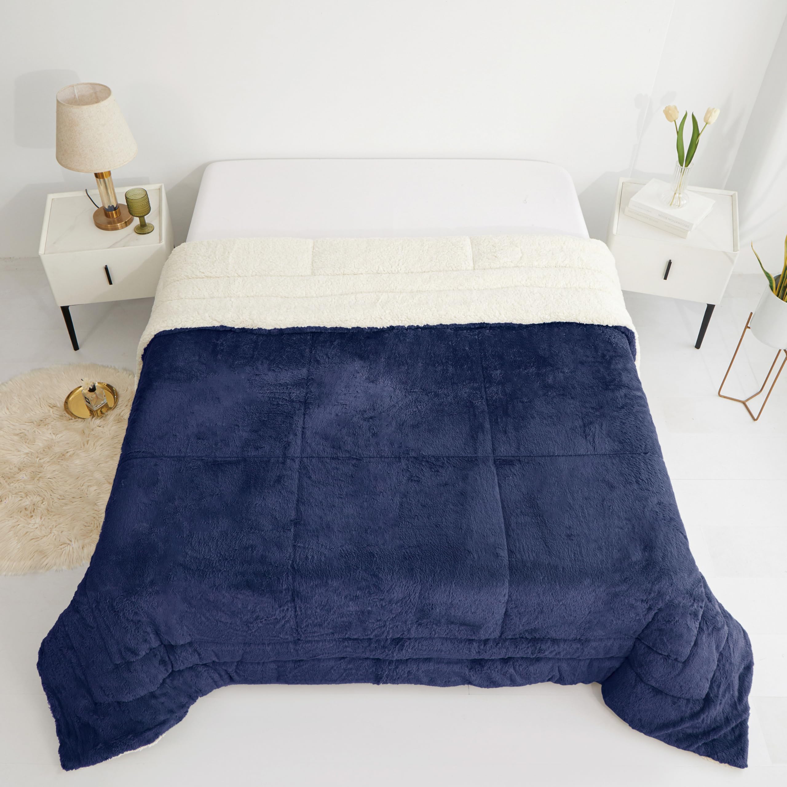 Edredón Invierno Borreguillo Nórdico 240x260 para Cama 135/150 Sin Funda Almohada - Edredón Borrego Sherpa Extra Suave, Cálido, Gruesa - Liso Azul