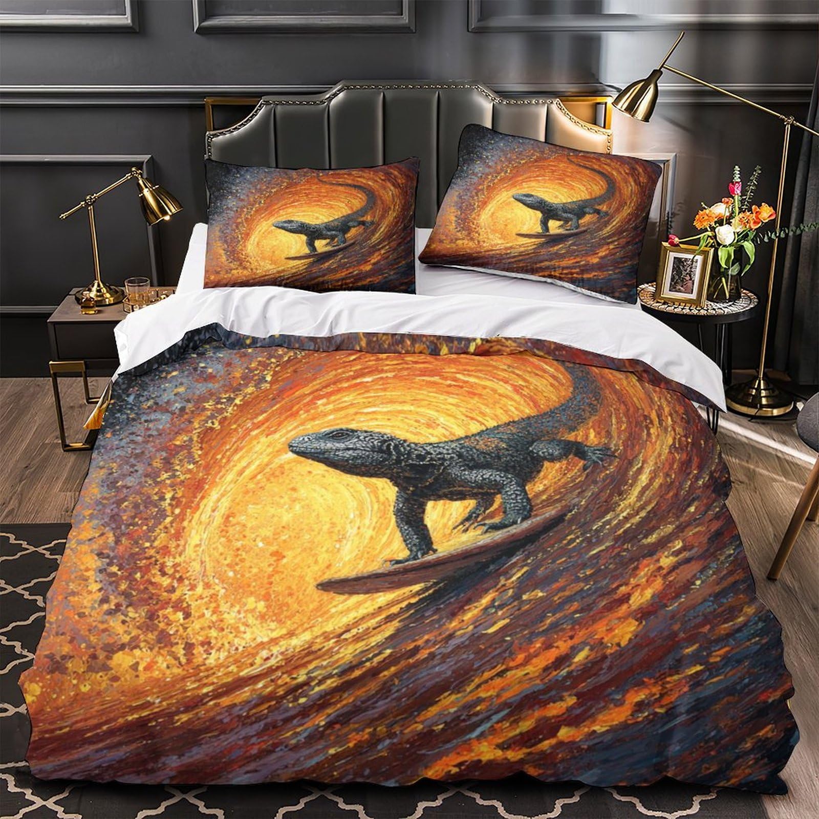 Housse de couette lézard surfeur 135x200 parure lit enfant microfibre 3D