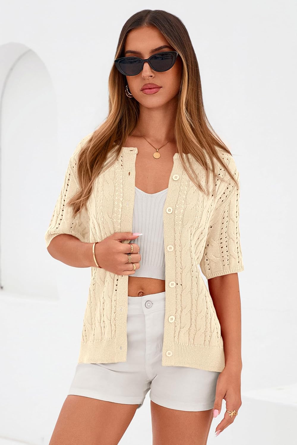 MASCOMODA Women Summer Cable Knit Crochet Cardigan Sweaters Casual Button Short Sleeve Sweater Cute Beach Hollow Out Knit Top - Image 3