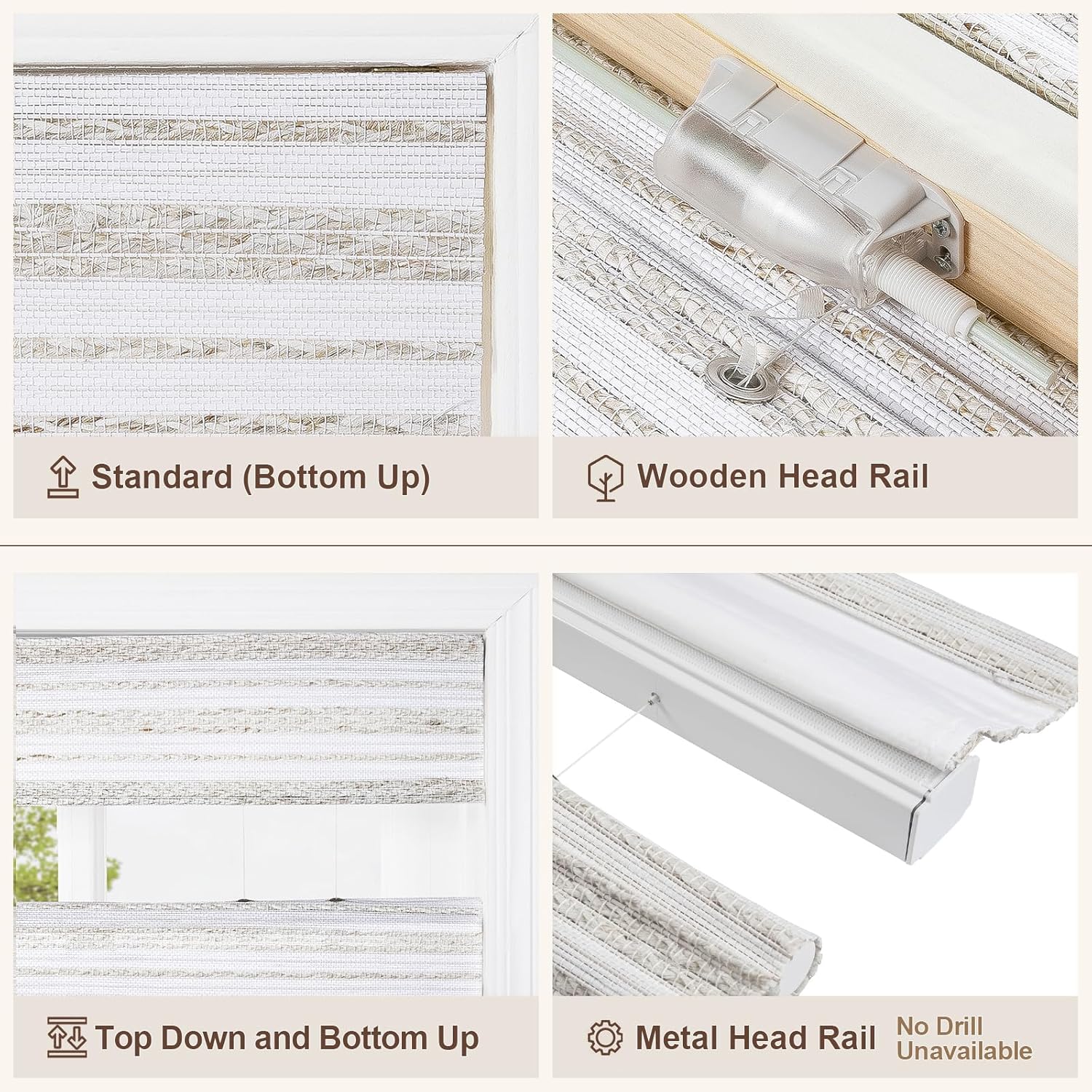 TWOPAGES Natural Cordless Ramie Bamboo Woven Roman Shade Customized Roman Window Shade Light Filtering Roman Shade for Kitchen Indoor Windows, Install Hardware Included, 1 Piece, Smoke White