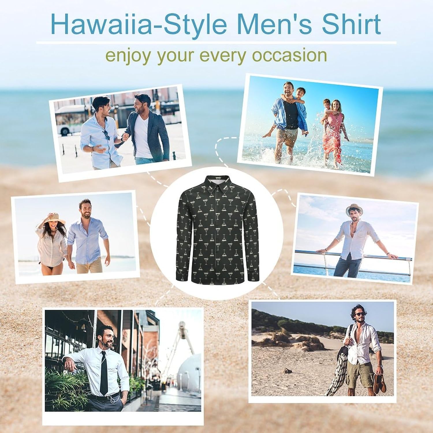 Cocktail Drinks of Martini Print Men's Button Down Shirts Casual Long Sleeve Hawaiian Beach Shirt with Pocket