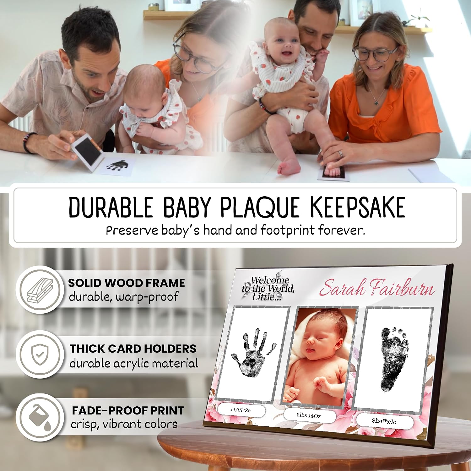 Baby Hand and Footprint Kit with Photo & Birth Details, Inkless Hand and Footprint Kit, Newborn Keepsake Plaque, Baby Shower Gifts (STYLE 1 (Fully Personalized) (Welcome To The World - Baby Girl))