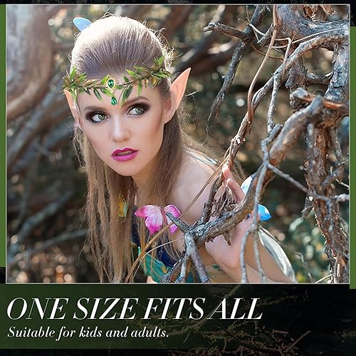 Miniatura 6 de Yunlly Juego de 6 piezas de corona de hadas y orejas de elfo, tocado de elfo del bosque de Halloween con orejas de elfo suaves para mujeres