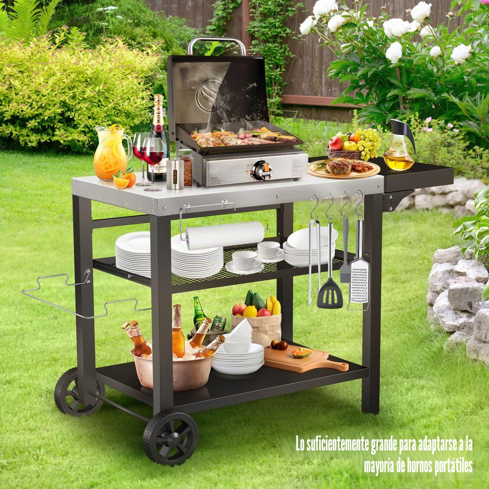 Denmay Mesa de barbacoa de acero inoxidable, 116 x 54 cm, con 3 niveles, soporte para horno de pizza, mesa para exteriores, carrito de trabajo con 4 ganchos, mesa auxiliar, carrito de cocina