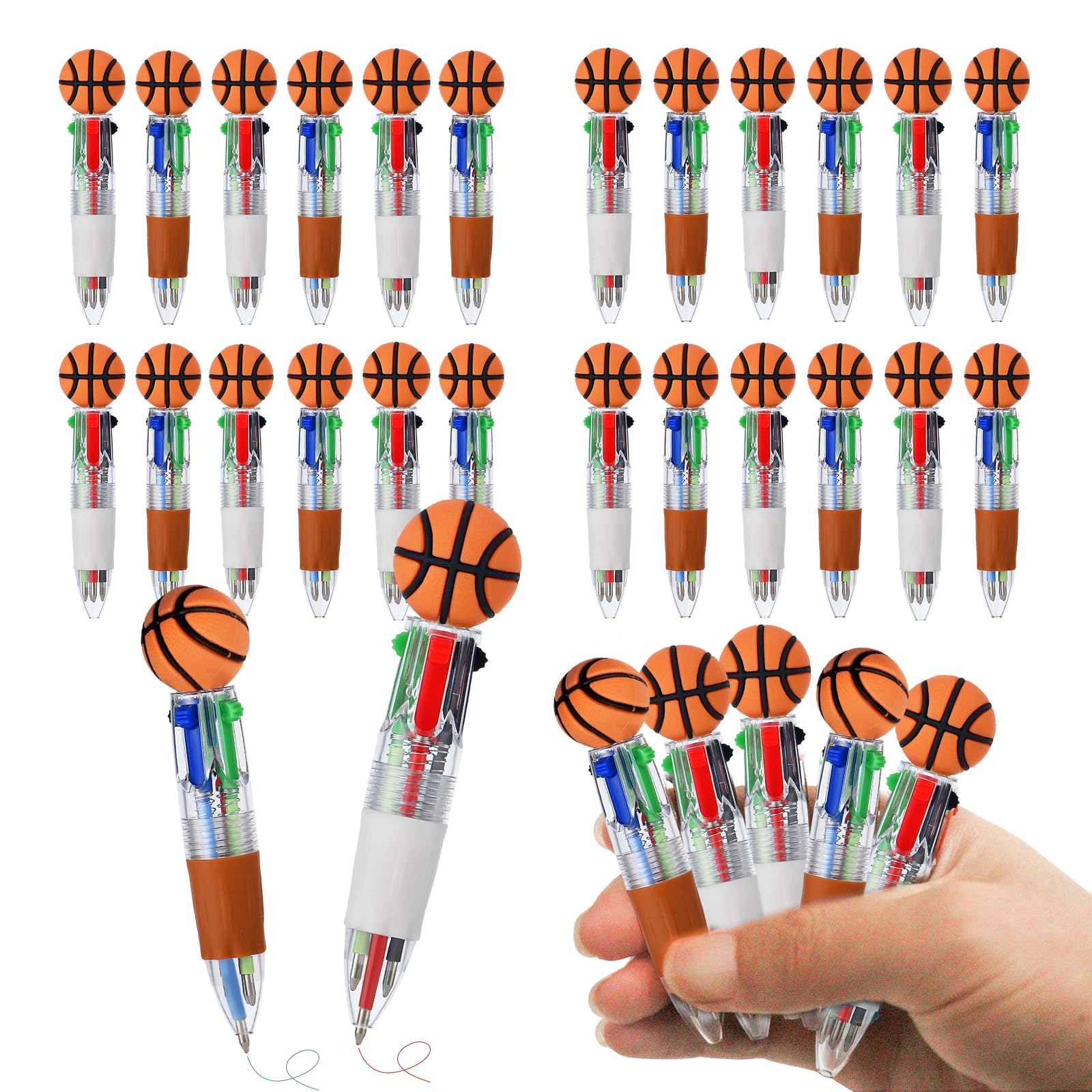 emzrivo 24 Pcs Basketball Party Favors Basketball Multicolor Pen in One 4-in-1 Cute Fun Pens Bulk Kawaii Ballpoint Pen for Sports Goodie Bags Stuffers
