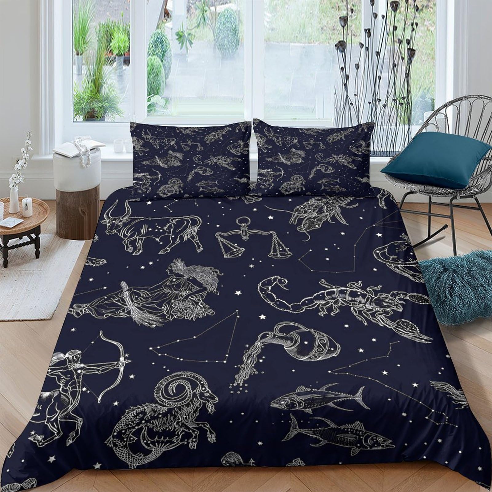 Ctjqhvkz Style-9 3D Printed Constellation Star Fitted Sheet Microfiber Soft Navy Zodiac Bed Cover For Bedroom Guest Room Decor Single（135X200cm）