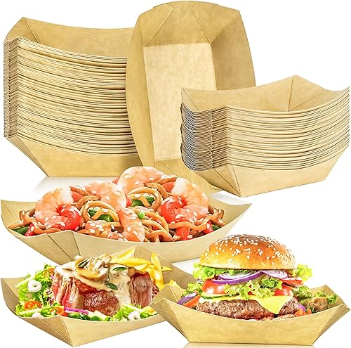 Miniatura 7 de MotBach Paquete de 80 bandejas de papel desechables de 2 libras para botes de papel, bandeja de servir comida kraft, platos para aperitivos,