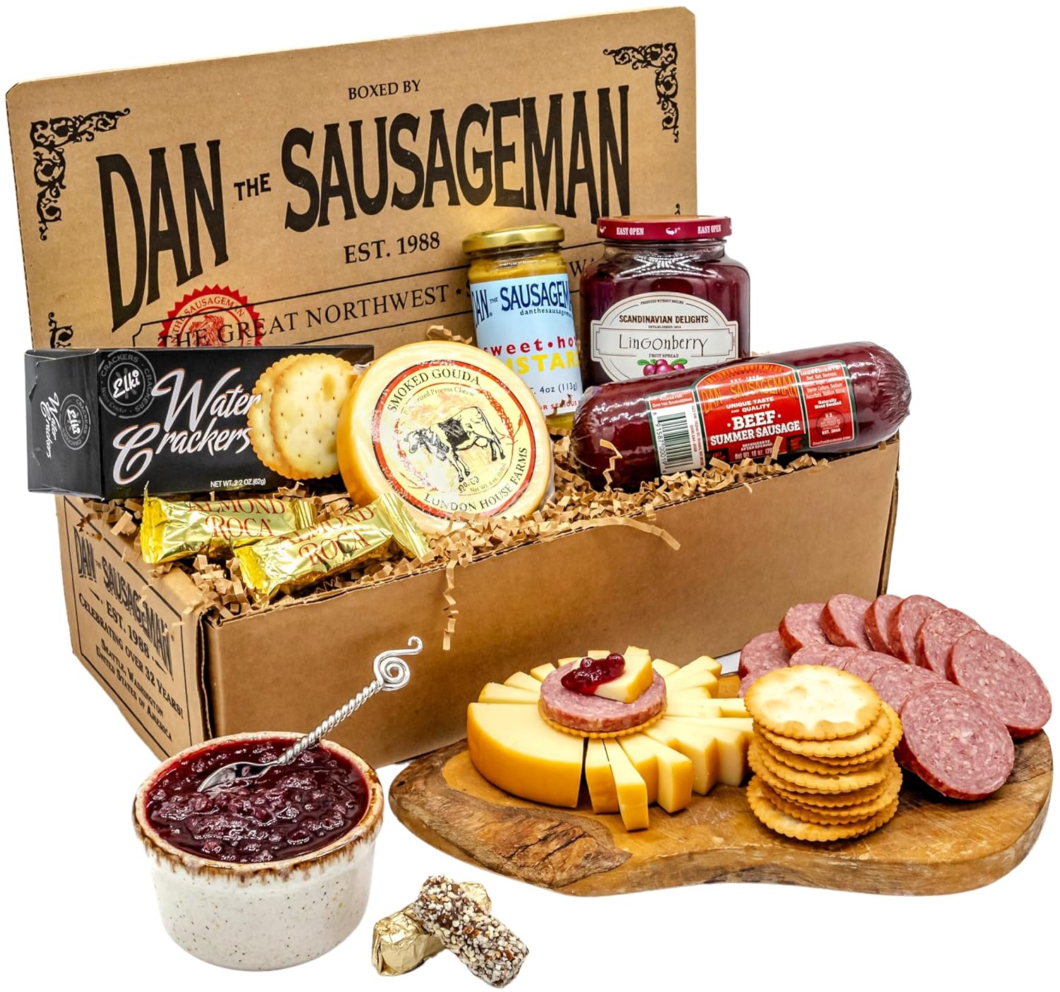 Dan the Sausageman Signature Gift (Nordic Fusion) Gift Basket – Gourmet Snacks with Summer Sausage, Cheese, Crackers, Lingonberry Sauce – Holiday, Thank You, Mother’s Day, Meat and Cheese, Snack Box