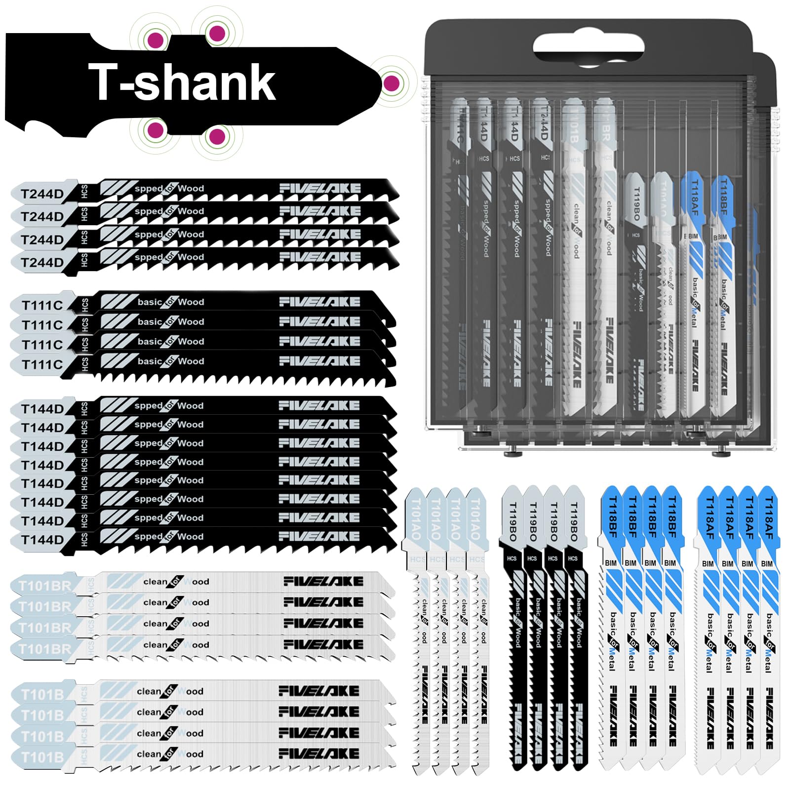 Juego de 40 cuchillas de sierra de calar con mango en T con funda, cuchillas de repuesto surtidas para madera, plástico y metal (T118AF, T118BF, T101AO, T119BO, T101B, T101BR, T111C, T244D, T144D)
