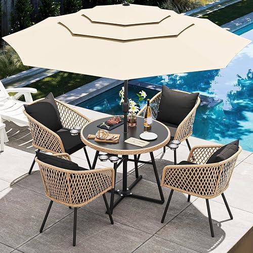 YITAHOME 6 Piece Patio Dining Set w/10ft Umbrella, 4-Person Outdoor Dining Set w/Tempered Glass Tabletop & 4 Dining Chairs, Outdoor Patio Dining Set for Deck Lawn Porch