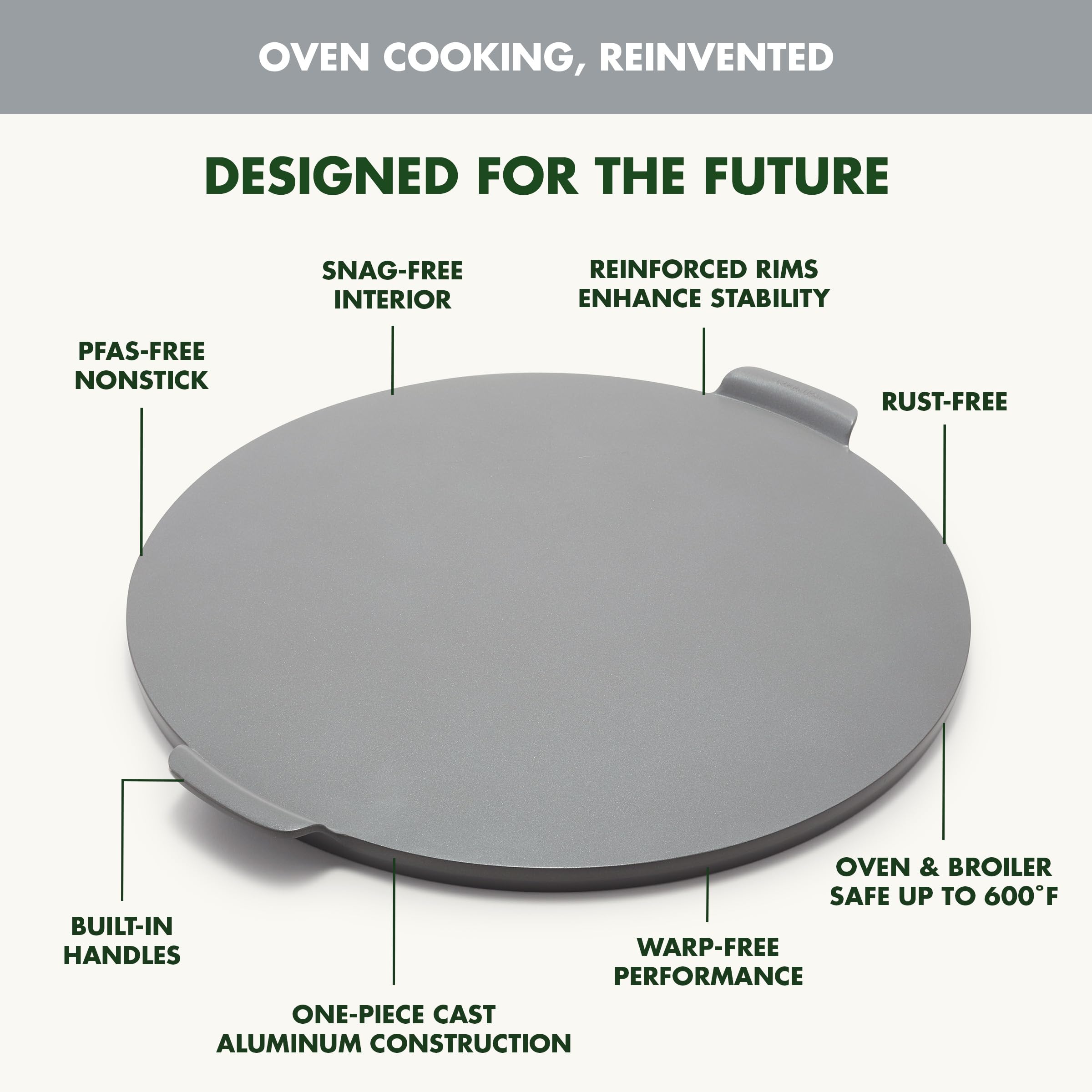 GreenPan Premiere Ovenware patelnia do pizzy 42 cm, zdrowa ceramiczna nieprzywierająca, nie zawiera PFAS, nadaje się do piekarnika, nadaje się do mycia w zmywarce, szara