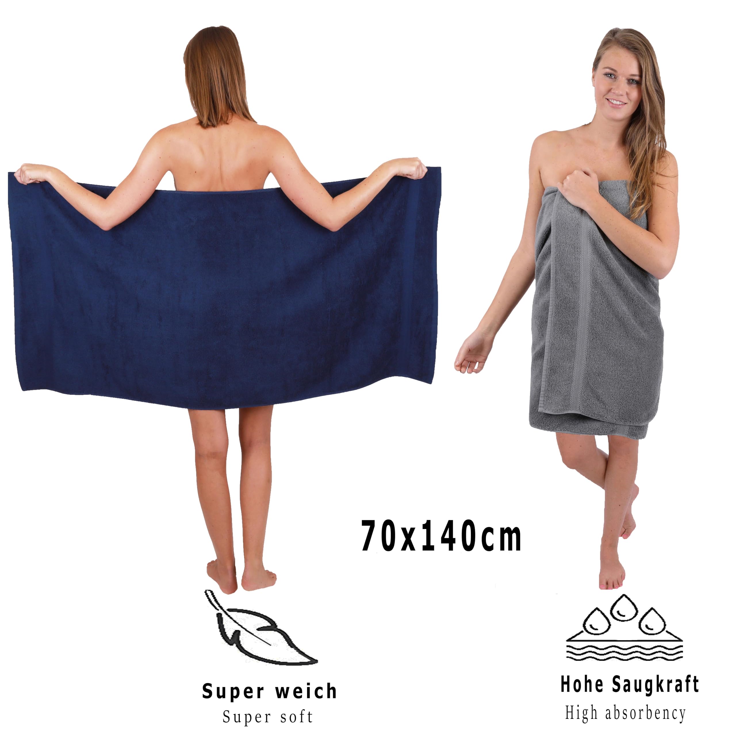 Betz Juego de 10 Toallas Classic 100% algodón 2 Toallas de baño 4 Toallas de Lavabo 2 Toallas de tocador 2 Toallas faciales Color Azul Oscuro y Gris Antracita