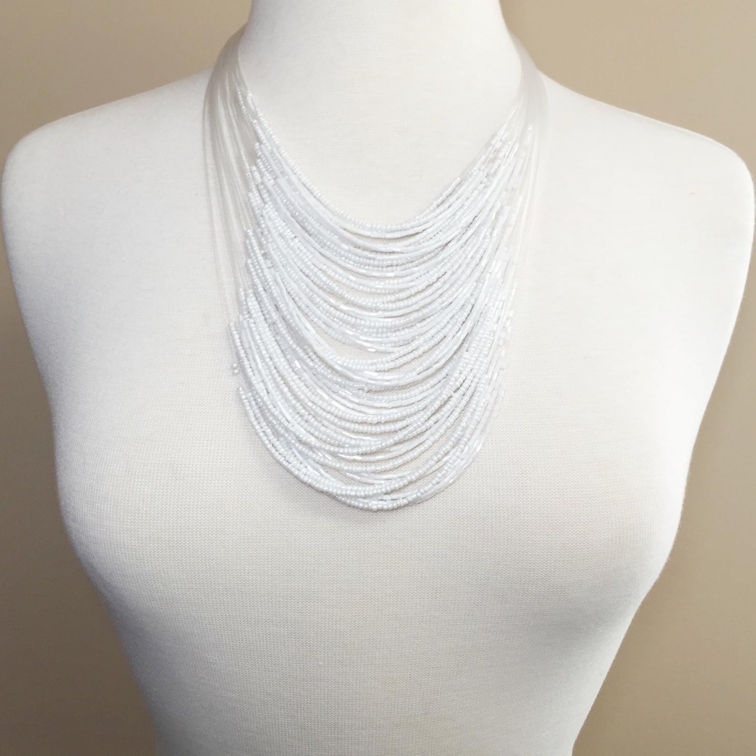 Gypsy Jewels Layered Seed Bead Illusion Thread Bib Statement Necklace & Dangle Earrings Set (White)