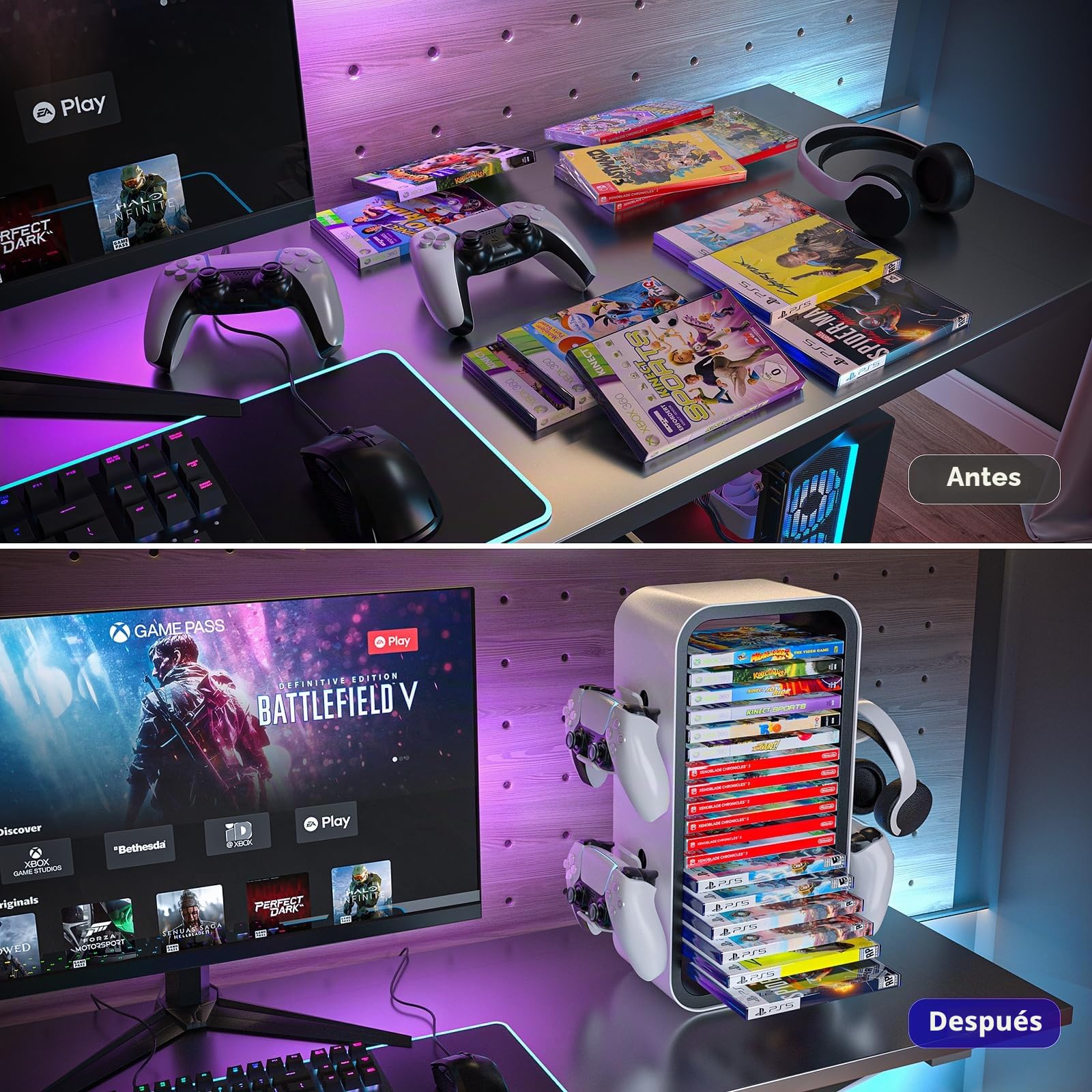Torre de almacenamiento de videojuegos universal para PS5/PS4/Xbox One/Xbox 360/Xbox Series X/S/Switch, organizador de discos DVD y Blu-Ray, almacena 19 juegos, con 4 soportes para controlador
