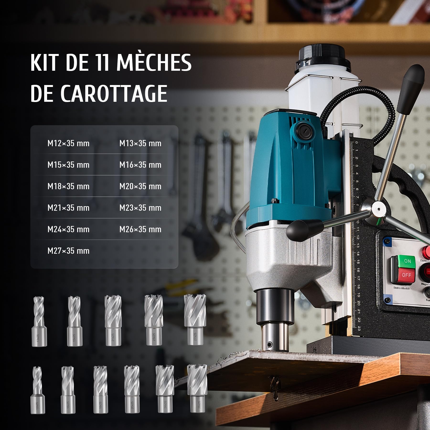 ZELCAN 1100W Perceuse Magnétique Portable Diamètre 40mm Profondeur 50mm Carotteuse Magnétique avec 11 Mèches 12000N 550 tr/min avec Moteur en Cuivre