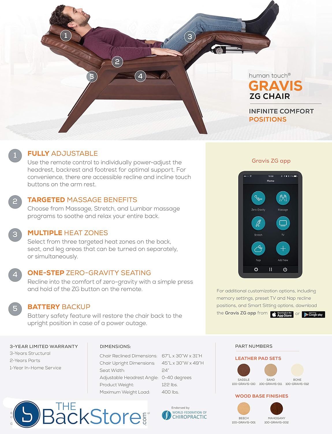 Zero Gravity Leather Massage Chair Recliner with Remote - Beech Wood - Bone Leather - in Home Delivery