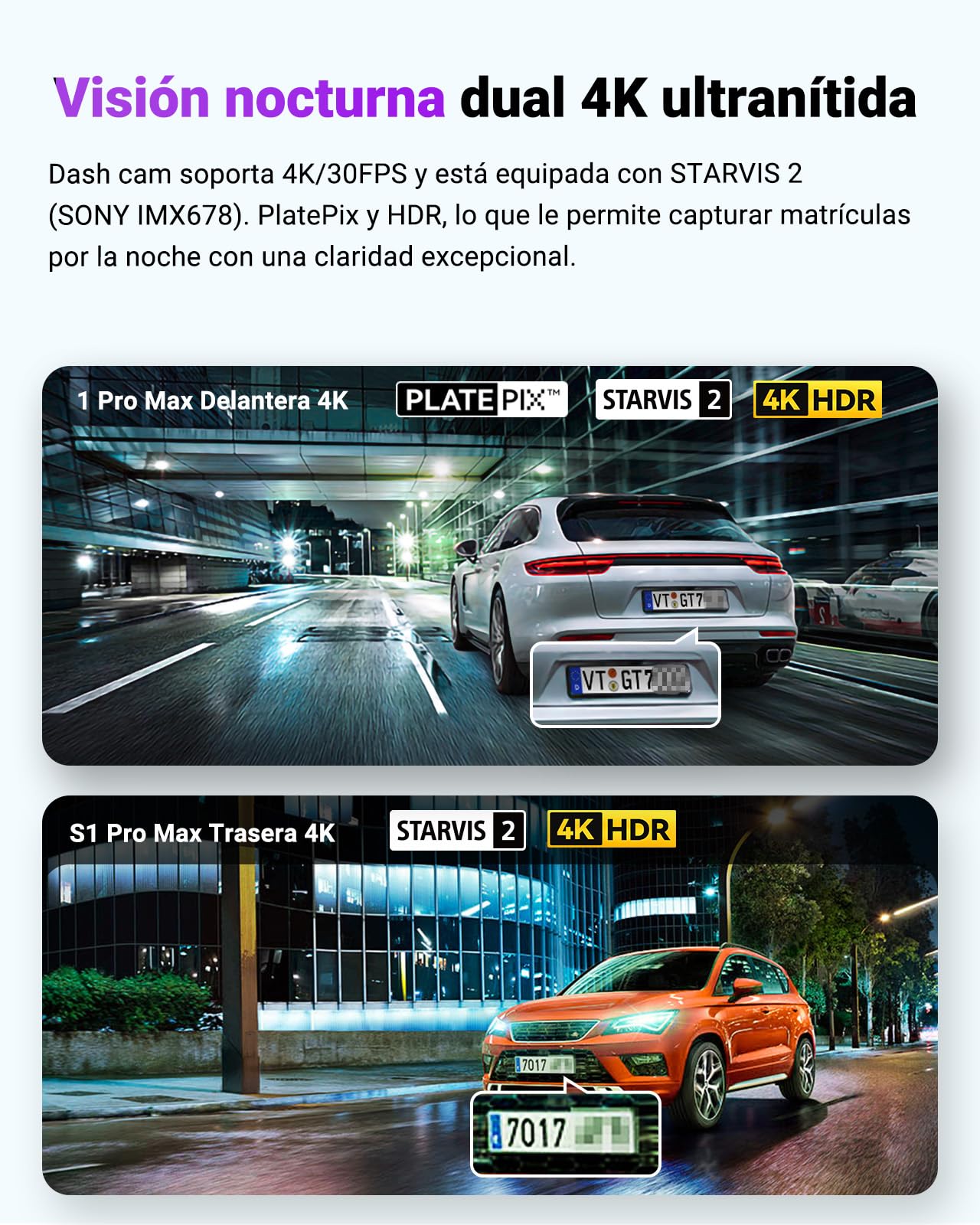VANTRUE S1 Pro MAX 4K+4K Dual STARVIS 2 Dash CAM Coche, dashcam cámara Coche, 5G WiFi PlatePix AI GPS 360 Grados HDR Buffer, cámara para Coche, LTE Opcional, comandos de Voz, 1 TB máx.