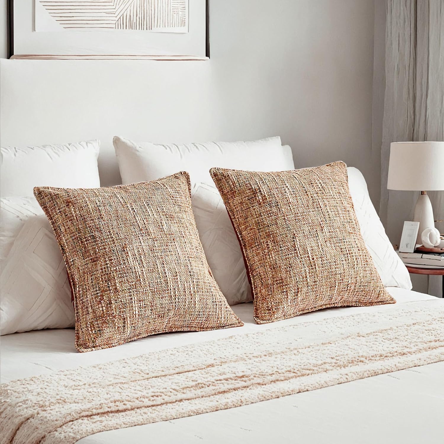 HAUSSY Rust Throw Pillow Covers 20x20 Set of 2 Chenille Tweed Textured Decorative Couch Pillow Covers Neutral Modern Pillow Cases for Sofa Bed Living Room Decor