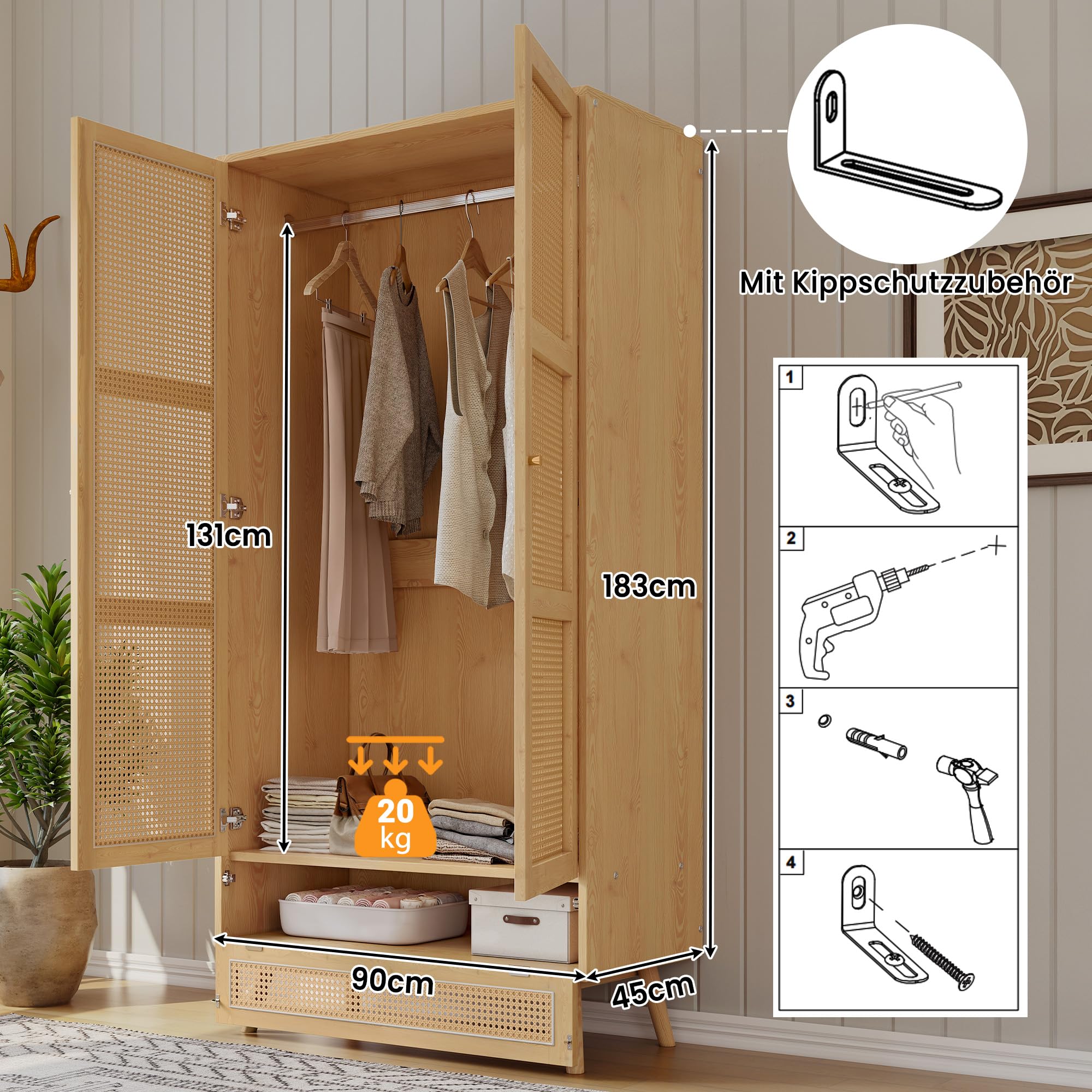 Armoire en Rotin à 3 Portes,Garde-Robe et Tringle à VêTements,Dressing Rangement Placard,Style Bohème,pour Chambre à Coucher,Couloirs,Salon