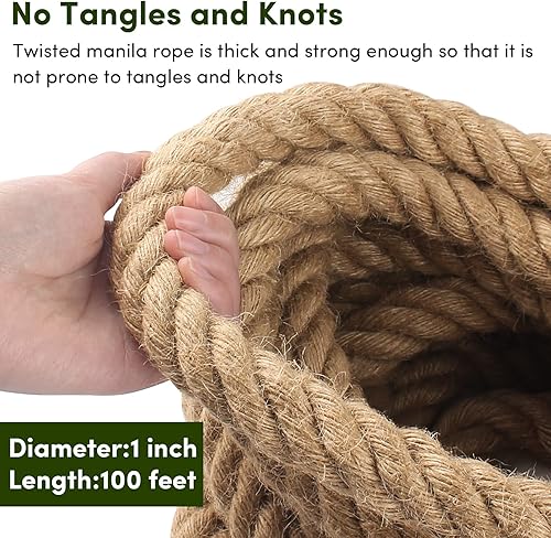 Miniatura 3 de Cuerda de Manila de 1 pulgada x 100 pies, cuerda de cáñamo natural, cuerdas de cáñamo decorativas grandes y gruesas, cuerdas náuticas trenzadas,