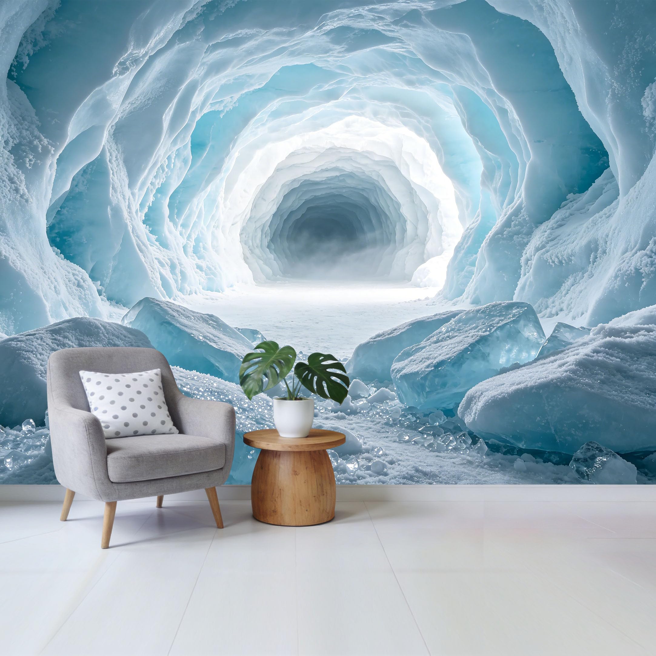 Custom Size Wall Mural Frozen Ice Cave Glacier Tunnel 3D Trompe L'Oeil Removable Self Adhesive Fabric， Home Wall Decor for Living Room Bedroom Bathroom Contemporary Style
