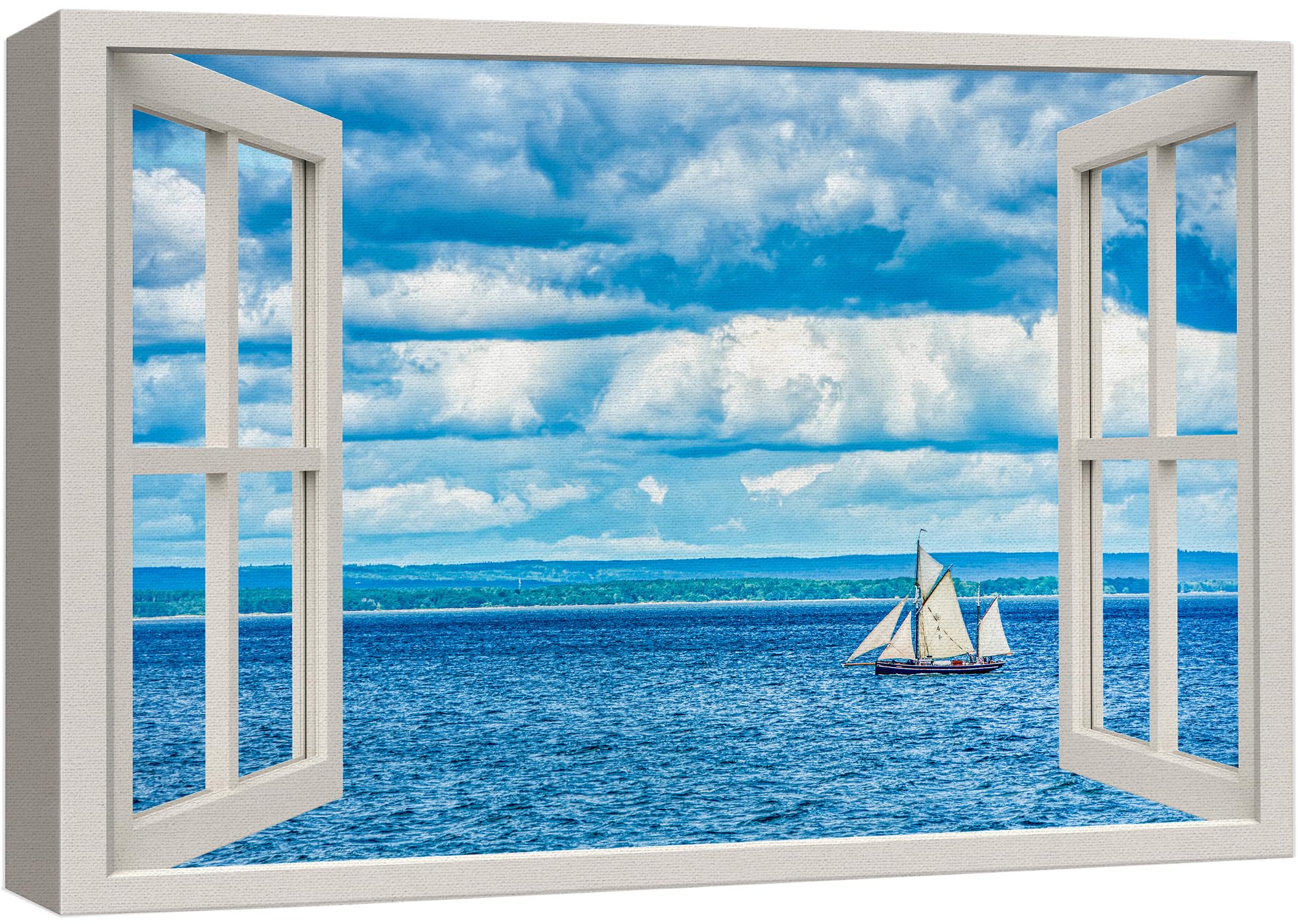 wall26 Canvas Print Wall Art Window View Sailboat Ocean Seascape Coastal Cottage Decor Nature Wilderness Photography Digital Art Realism Decorative
