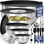 Priority Chef 6Pc Grandes cuvettes de mélange avec ensemble de lids avec bases antidérapantes, ensemble de cuvettes en acier inoxydable, 6 Lids hermétiques 3 Graters, Ensemble d'Utensiles, Gris