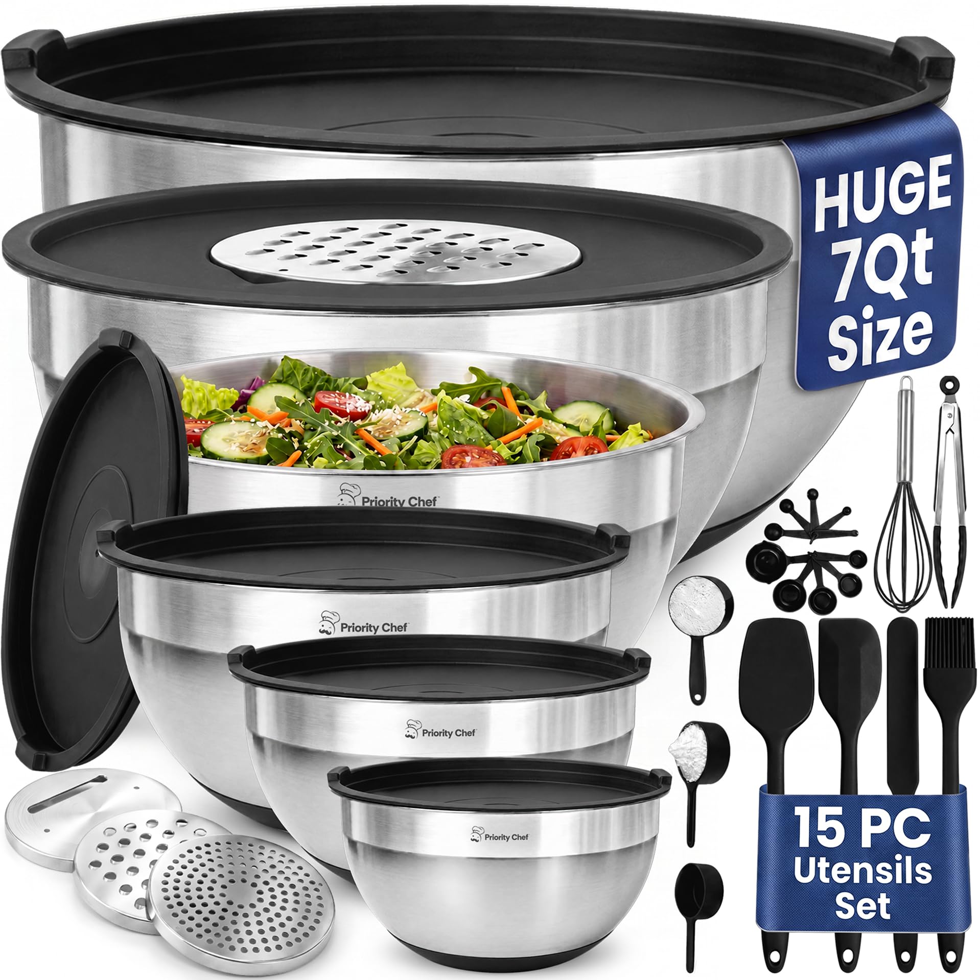 Priority Chef Edelstahl-Rührschüsseln mit Deckel, Premium, 30-teilig, mit 6-teiligem Metallschüssel-Set für Küche, 3 Reiben, luftdichte Deckel, rutschfeste Böden und Silikon-Utensilien, Schwarz