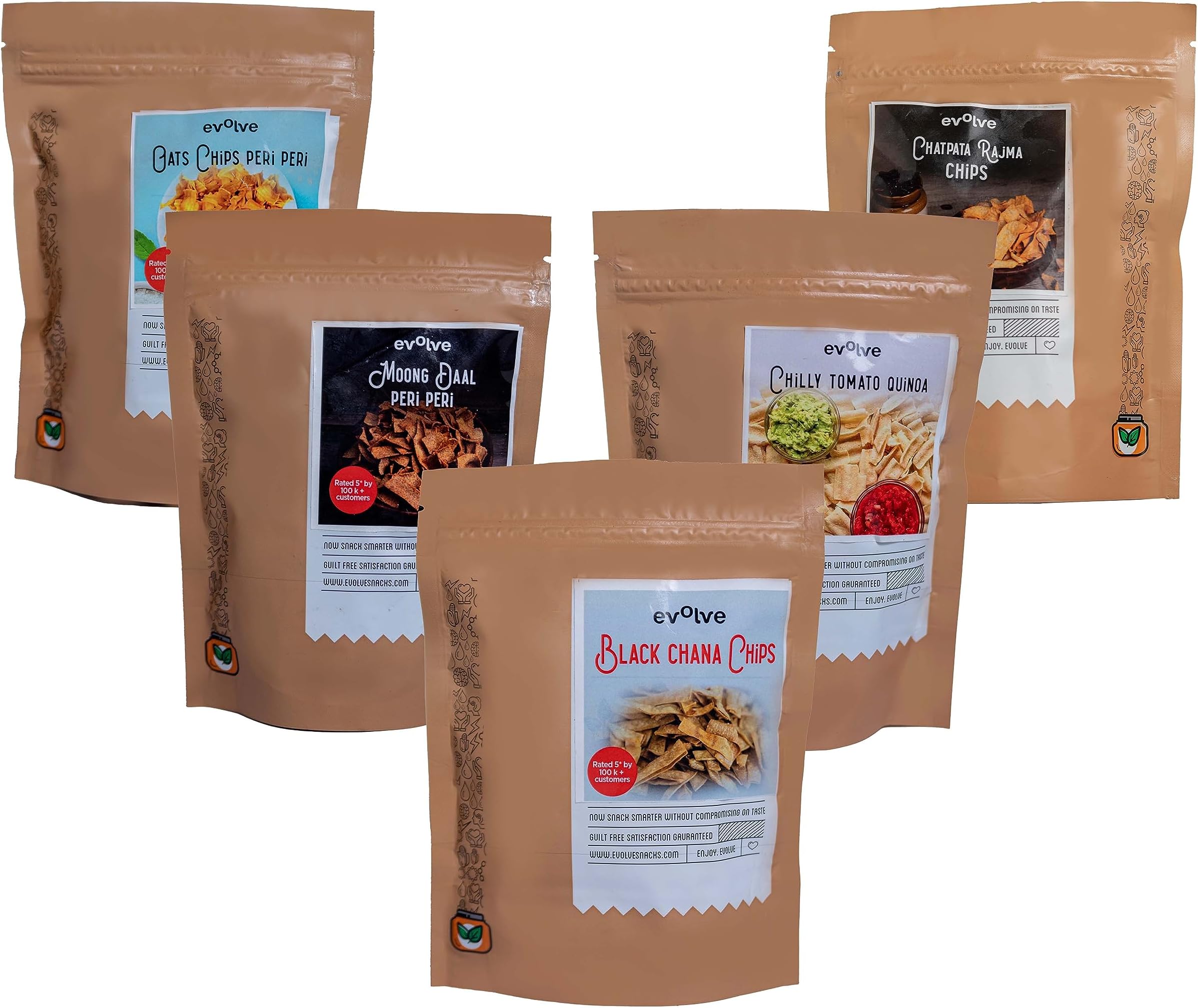 Spicy Crunch Snacks Combo | Chatpata Rajma, Moong Dal Peri Peri, Chilly Tomato Quinoa, Oats Peri Peri & Black Chana Chips | High-Protein & Wholesome Munchies | 250g (50g Each, Pack Of 5)