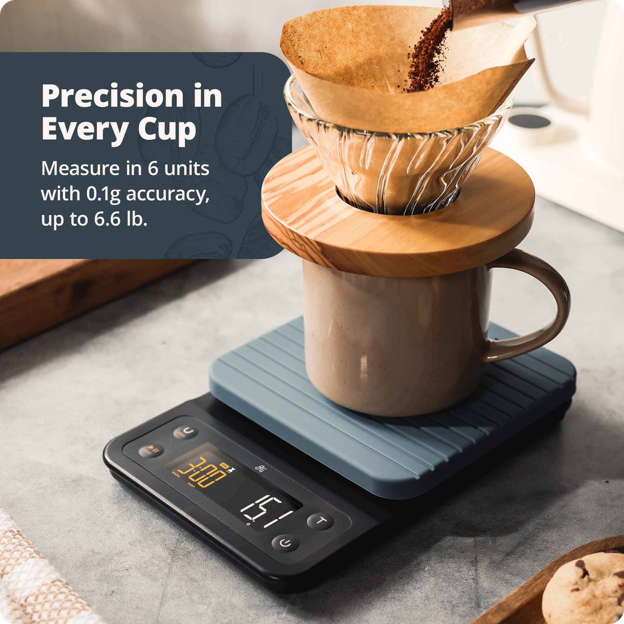 Greater Goods Báscula de café de precisión de 0,1 g con temporizador, báscula digital de 3 kg para verter, espresso, prensa francesa, uso en cocina (azul piedra)